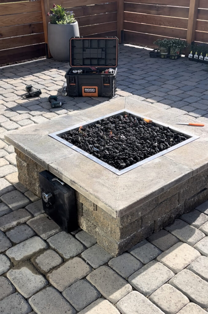 Custom paver gas fire pit installed in a paver patio - Cannon Beach OR